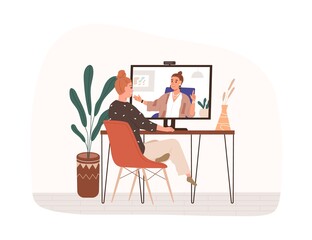 Fototapeta premium People chatting during online video call. Happy woman sitting by computer and talking to person on screen through internet. Virtual communication concept. Flat vector illustration isolated on white