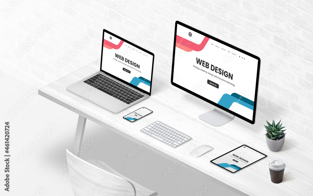 Poster Modern flat design concept page on diferent display devices. Isometric concept of creative design studio. Isometric view of work desk