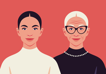 A grandmother and granddaughter.  The faces of a young and elderly women. The aging process. Latin American ethnicity. Vector flat Illustration