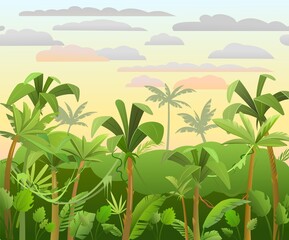 Fototapeta na wymiar Jungle background. Plants rainforest. Beautiful green landscape with exotic trees and palms. Morning or evening sky. Cute cartoon style. Vector.