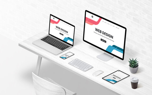 Modern flat design concept page on diferent display devices. Isometric concept of creative design studio. Isometric view of work desk