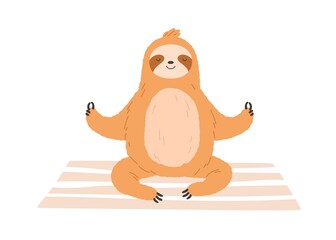 Cute sloth meditate, sitting in yoga posture. Funny animal relaxing during meditation practice. Happy calm baby character resting. Flat vector illustration isolated on white background © Good Studio