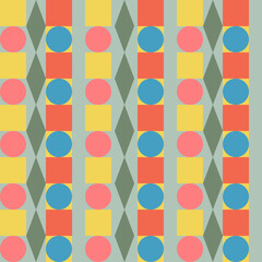 Seamless vertical pattern of geometric shapes on a light background for textiles.