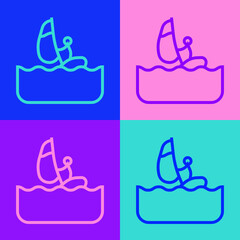 Pop art line Windsurfing icon isolated on color background. Vector