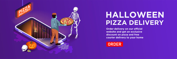 Isometric vector. Halloween delivery service banner. Telephone with stairs to the basement of the restaurant. The zombie courier gives the pizza to the skeleton. Order food in the online store home  - obrazy, fototapety, plakaty