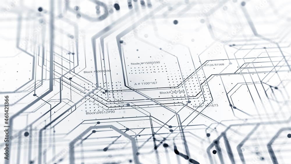Poster Microcircuit 3D illustration. Circuit, silicon chip. Quantum computer. Motherboard. Cyberspace of high technologies. Information flow and data analytics