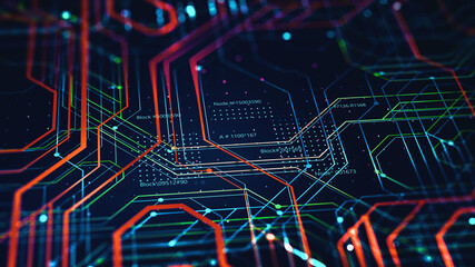 Microcircuit, chip, silicon chip, circuit 3D illustration. Motherboard. Cyberspace of high technologies. Information flow and data analytics