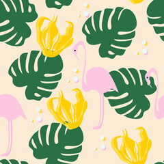 Infinite background vector. seamless with illustrations of tropical flower, pink flamingo and green leaf monstera. for banner, advertising poster, packaging background and greeting card. Color Textile