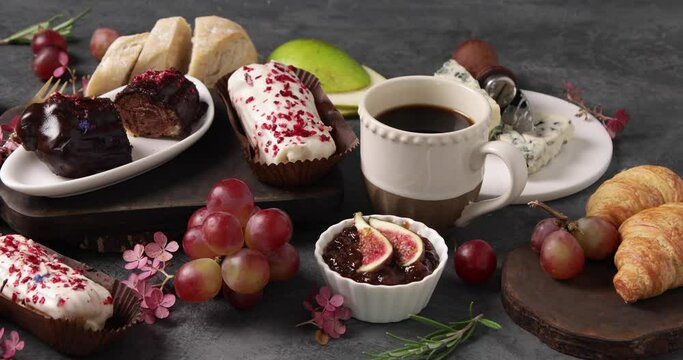 French sweet desserts with coffee cups