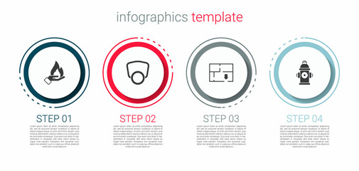 Set Hand holding a fire, Gas mask, Evacuation plan and Fire hydrant. Business infographic template. Vector
