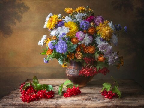 Still life with splendid bouquet of garden flowers