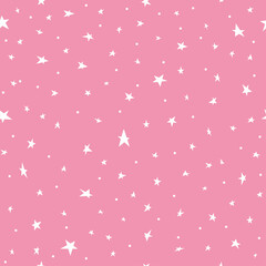 Fototapeta na wymiar Childish pattern with hand drawn white stars and dots on pink background. Starry kid-like doodle backdrop. Vector illustration for fabric, gift wrap or card.