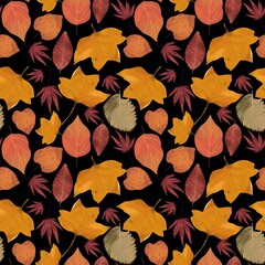 Watercolor seamless pattern with autumn leaves and flowers