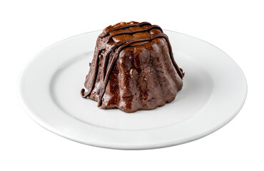 Chocolate souffle on white porcelain plate on an isolated white background