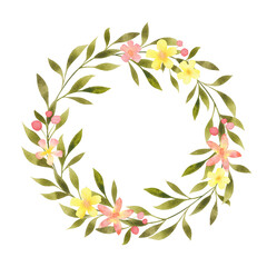 Floral round wreath, frame, border, blank, template isolated on white. Watercolor botanical illustration for copy space, card, greeting, invitation. Flowers and leaves circle design element.