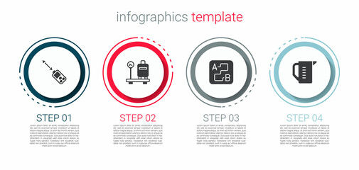 Set Laser distance measurer, Scale with suitcase, Route location and Measuring cup. Business infographic template. Vector