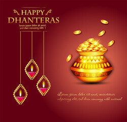 Abstract, banner or poster for Dhanteras  Gold coin in pot for Dhanteras celebration and diwali festival celebration with hindi text shubh labh meaning 'wishing prosperity'