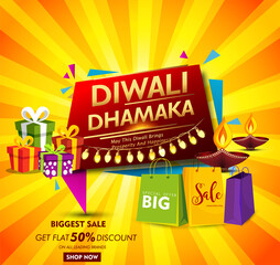 Abstract Grand diwali Dhamaka sale background with offer details  banner or sale poster for indian festival diwali celebration. Happy Diwali meaning festival of lights