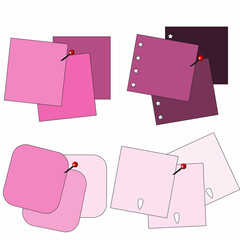 set of pink paper.Four sets of pinned paper notes with different color. Top view note sticker with pins vector set