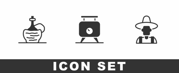 Set Wine in italian fiasco bottle, Fermentation of grapes and Farmer the hat icon. Vector