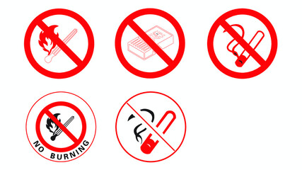 Prohibition open flame symbol. Red icon on white background. No Fire sign.Fire flame icons. Heat symbols. Inflammable signs. Flat icon pointers.