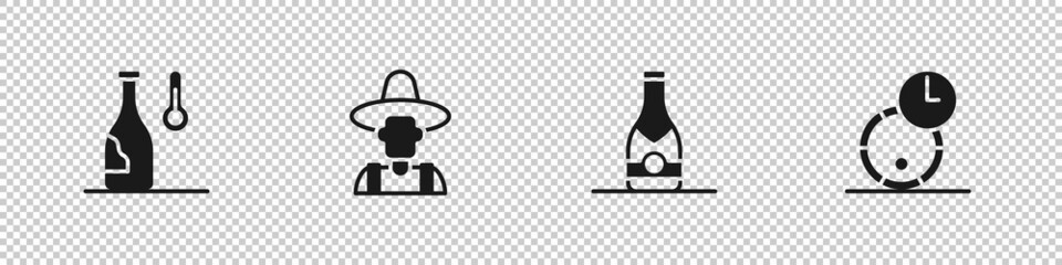 Set Wine temperature, Farmer the hat, Champagne bottle and Wooden barrel for wine icon. Vector