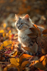 Photo of a fluffy domestic cat in the autumn forest.