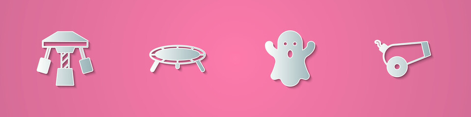 Set paper cut Attraction carousel, Jumping trampoline, Ghost and Cannon icon. Paper art style. Vector