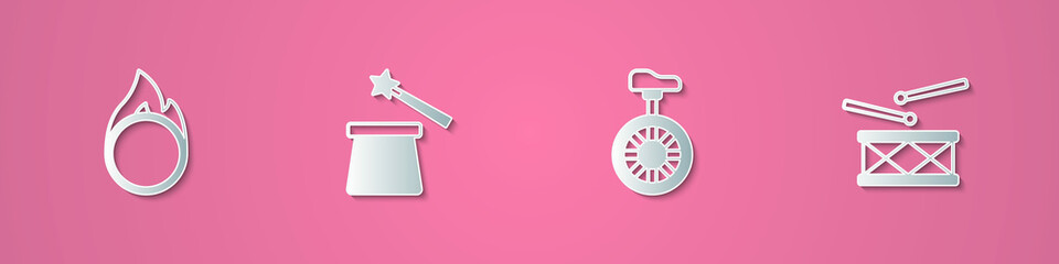 Set paper cut Circus fire hoop, Magic hat and wand, Unicycle or one wheel bicycle and Drum with drum sticks icon. Paper art style. Vector © Kostiantyn