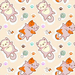 Obraz premium Seamless pattern of cute cats in anime kawaii style isolated on a white background