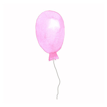 Pink balloon. Watercolor hand painted illustration. Isolated, white background