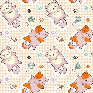 Seamless pattern of cute cats in anime kawaii style isolated on a white background