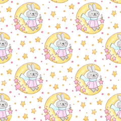 Seamless pattern with character - cute bunny sitting on the moon with christmas toy star. Watercolor hand painted illustration. Print can be used for packaging, wrapping paper, textile, home decor
