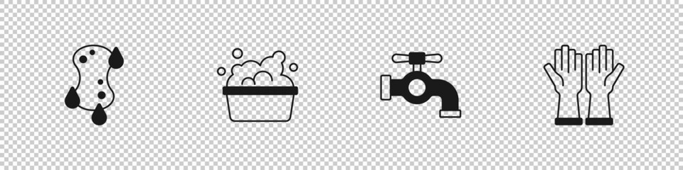 Set Sponge, Basin with soap suds, Water tap and Rubber gloves icon. Vector