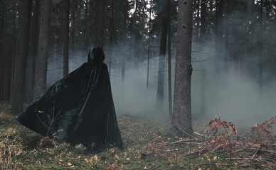 A mysterious man in a raincoat is walking through a misty forest. Mystical background.