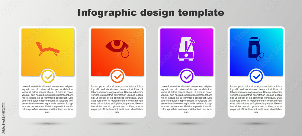 Sticker Set Armchair, Tear cry eye, Metronome with pendulum and Sedative pills. Business infographic template. Vector