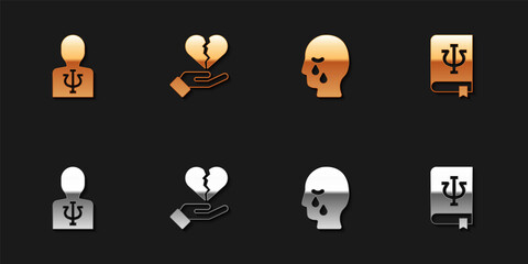 Set Psychology, Psi, Broken heart or divorce, Man graves funeral sorrow and book, icon. Vector