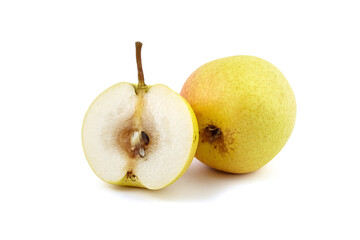 Halved ripe pear fruit isolated on white background