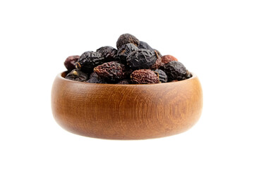 Dried rose hips in wooden bowl isolated on white