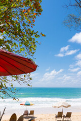 Umbrellas on beach Coconut palm trees in islands