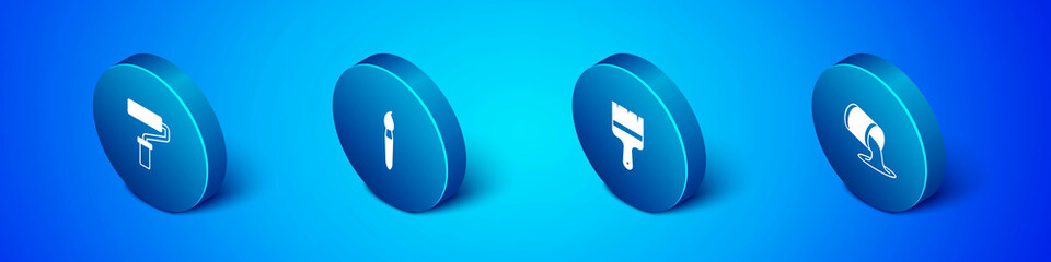 Set Isometric Paint roller brush, bucket and icon. Vector