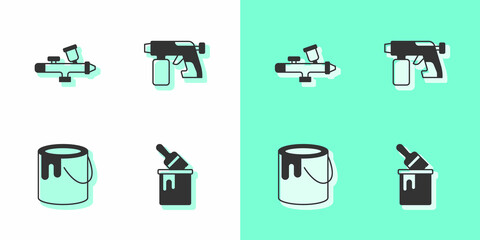 Set Paint bucket with brush, spray gun, and icon. Vector