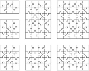 Illustration of seven jigsaw puzzles, isolated pieces