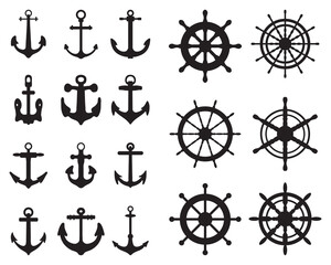 Set of anchor and rudders symbols or logo template 