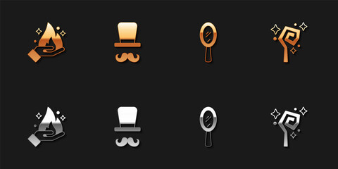 Set Hand holding fire, Magician, hand mirror and staff icon. Vector