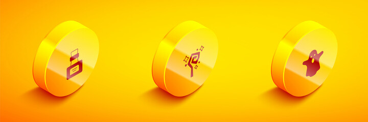 Set Isometric Bottle with potion, Magic staff and Ghost icon. Vector
