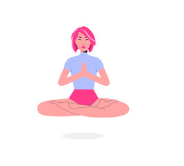 Asian yoga girl practicing yoga. Vector banner. Online education concept, eps 10