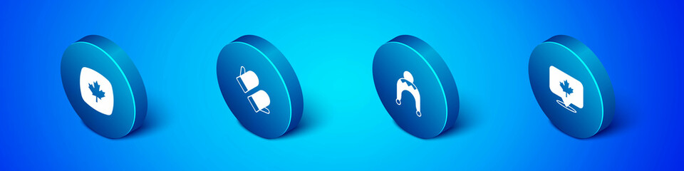 Set Isometric Canadian maple leaf, Winter hat, and Christmas mitten icon. Vector