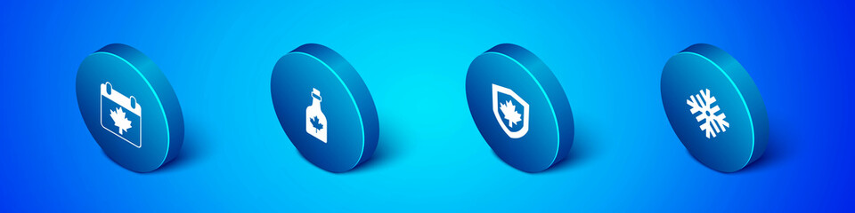 Set Isometric Canada day with maple leaf, flag on shield, Snowflake and Bottle of syrup icon. Vector