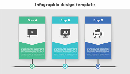 Fototapeta na wymiar Set Online play video, 3D word and Retro cinema camera. Business infographic template. Vector